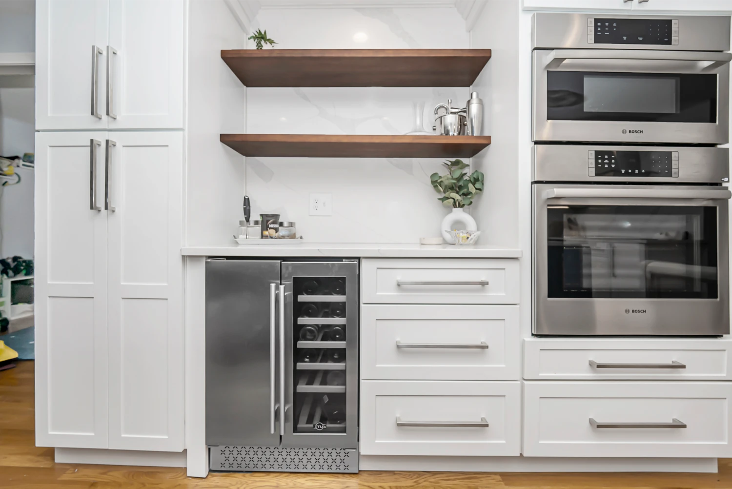 custom wood shelves in modern kitchen