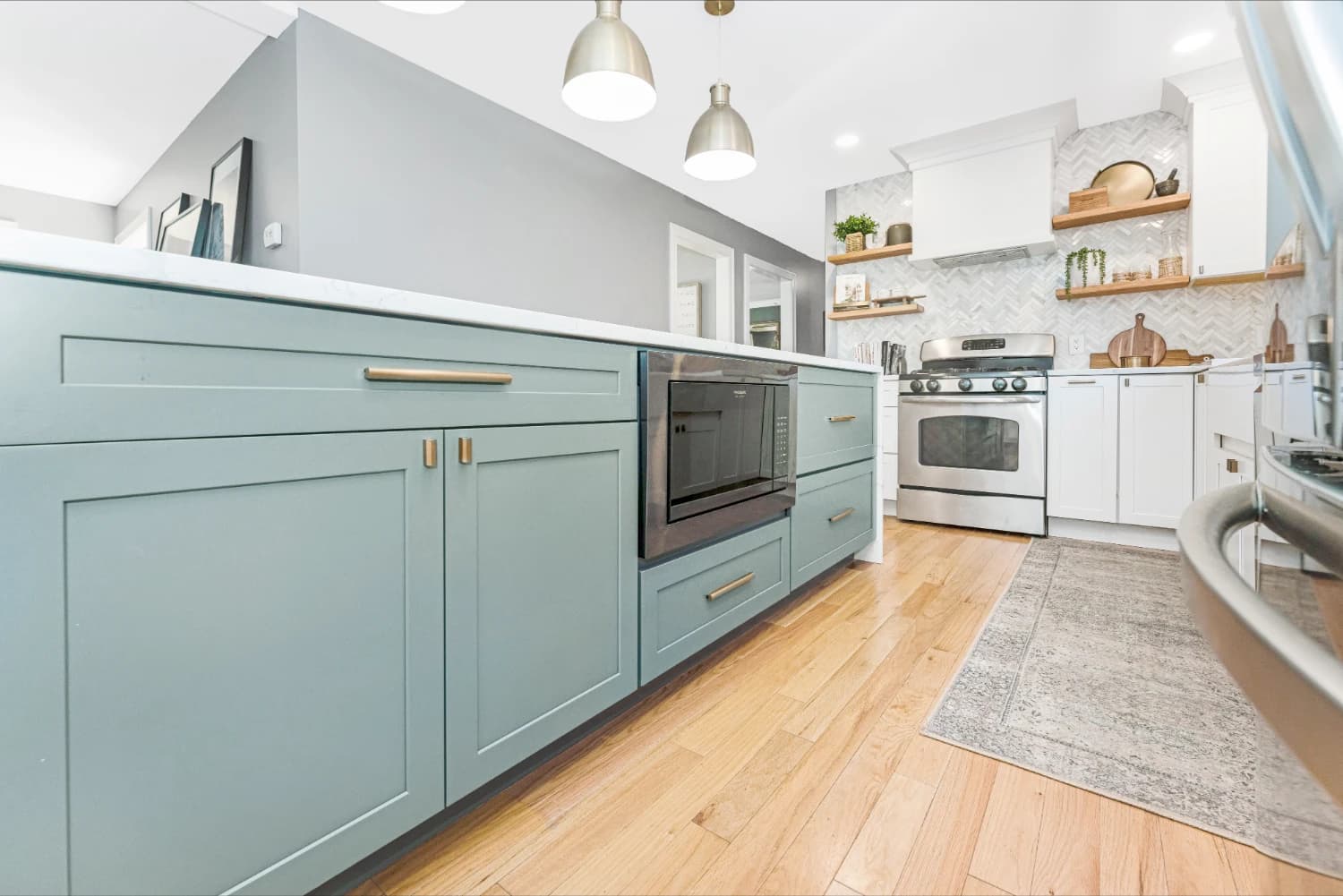 blue kitchen island with built in microwave